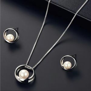 New Silver Gold Pearl Jewelry Set Pendant & Earrings